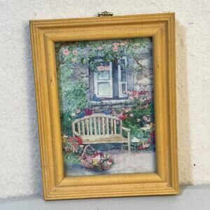 Hand Stitched Cross Stitch Garden Retreat Bench in Rose Garden Artwork 8.5 X 6.5